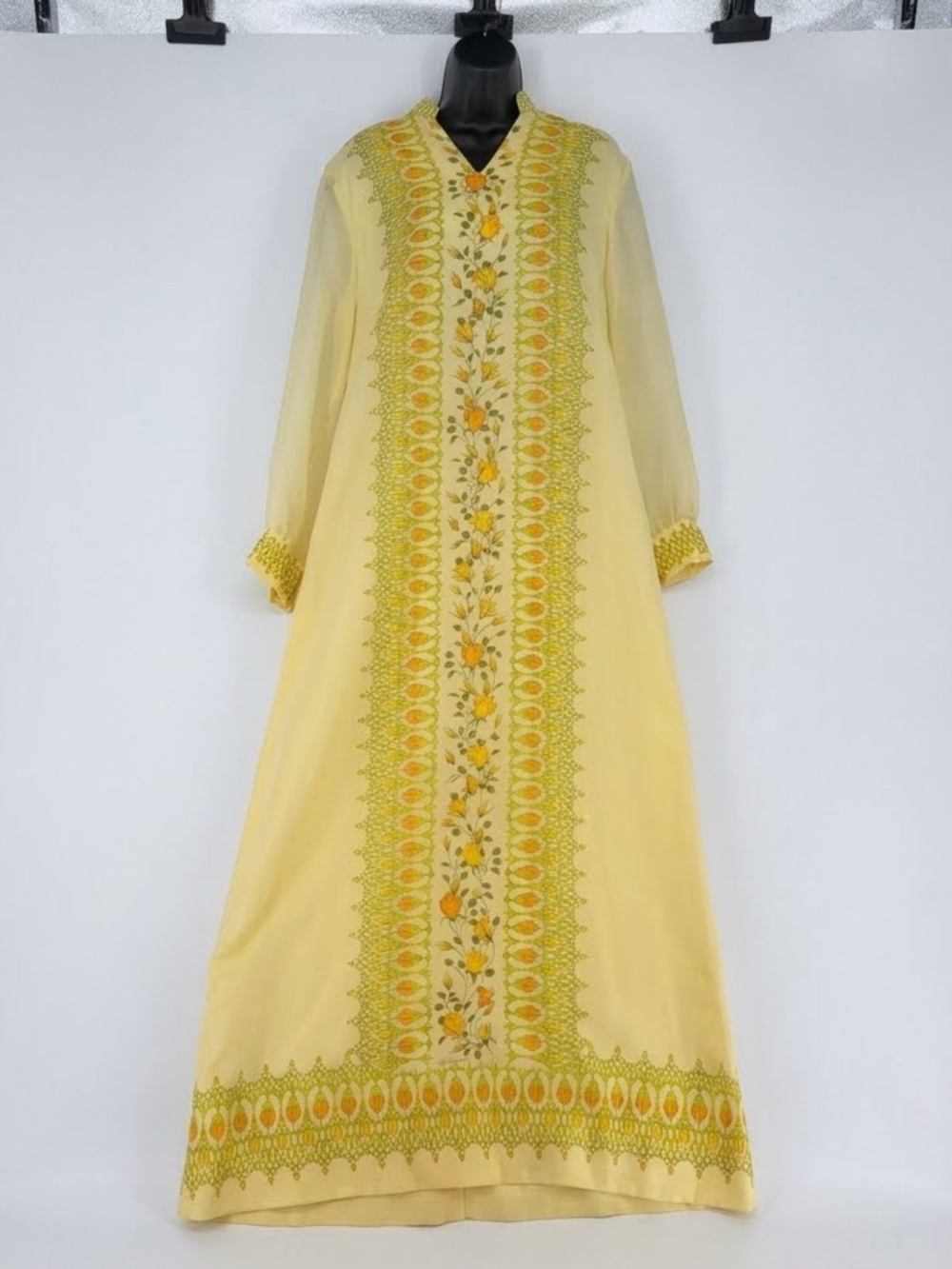 1970s Alfred Shaheen Long Sleeve Maxi Dress Floral Print Yellow Bohemian 70s 16
